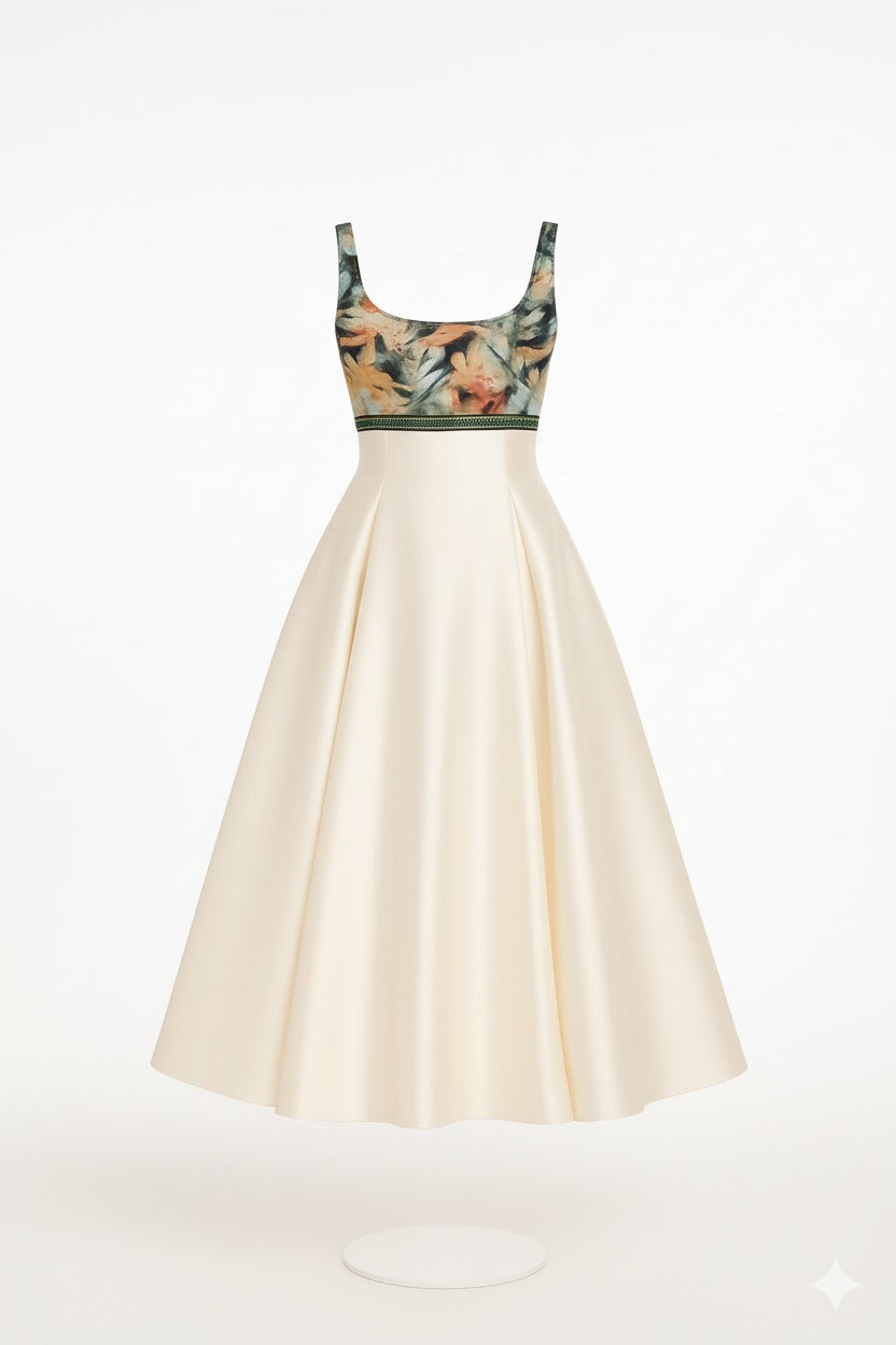 Floral Bodice Ivory Midi Dress